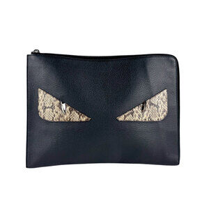 Fendi Bugs Eye Monster Leather Clutch Bag Black